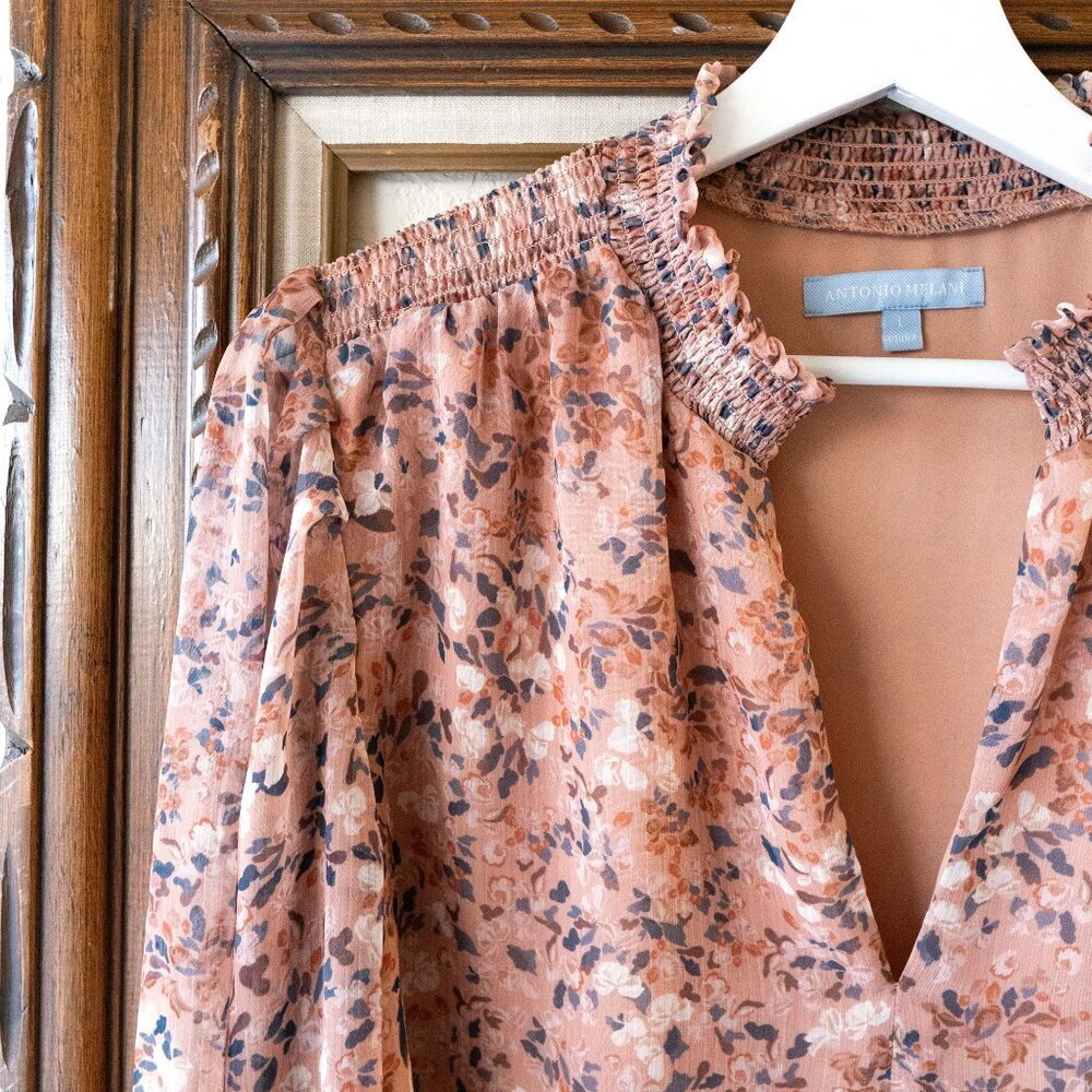 Antonio Melani Womens Blouse Size Large Brown Floral Long Sleeve Smocked Ruffles - Picture 3 of 8